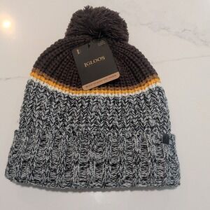 IGLOOS Knit Striped Beanie Hat Gray/Brown with Pom-Pom